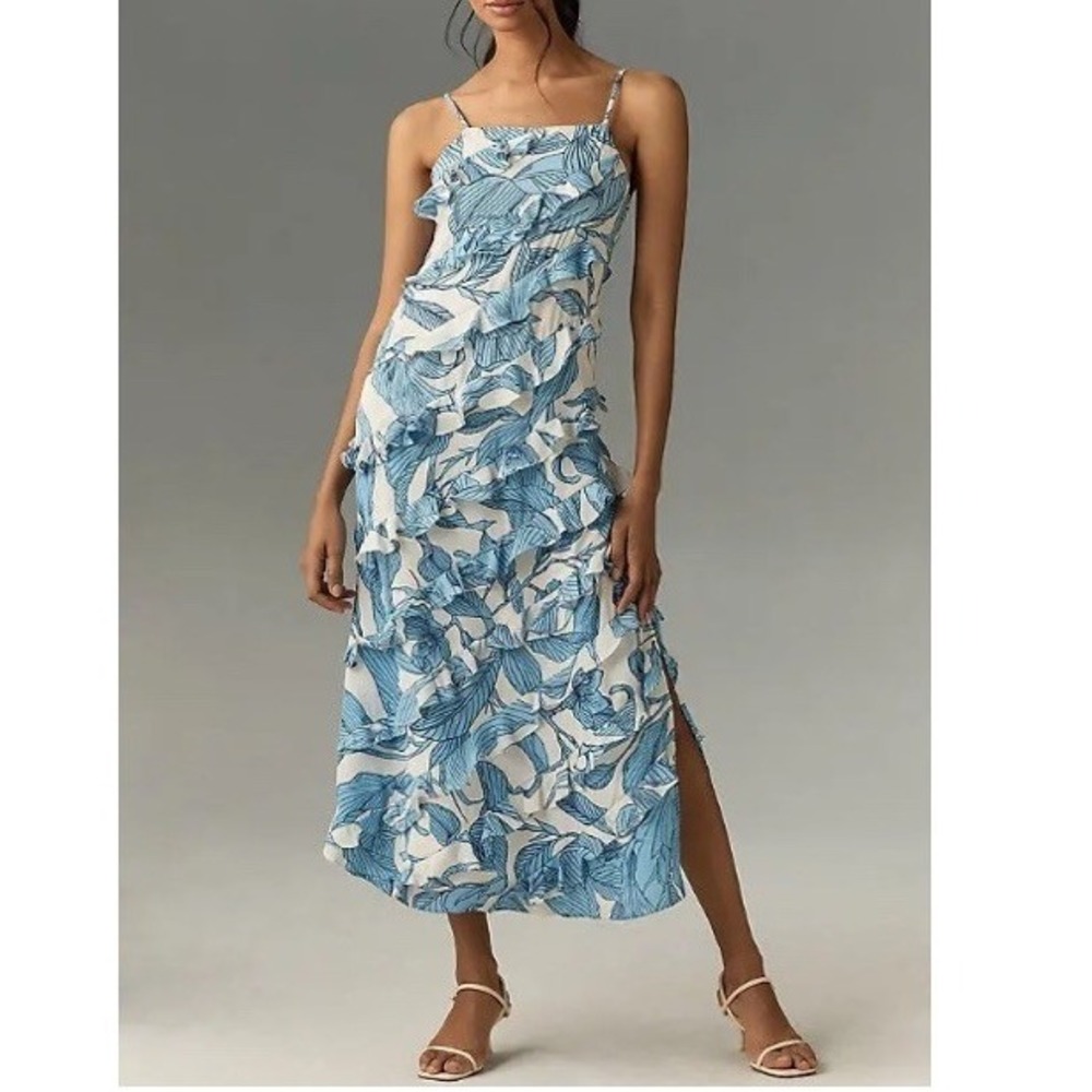Walter Baker Viviana Paradise Palm Ruffled Midi Dress‎ Blue White Size 2 Women's